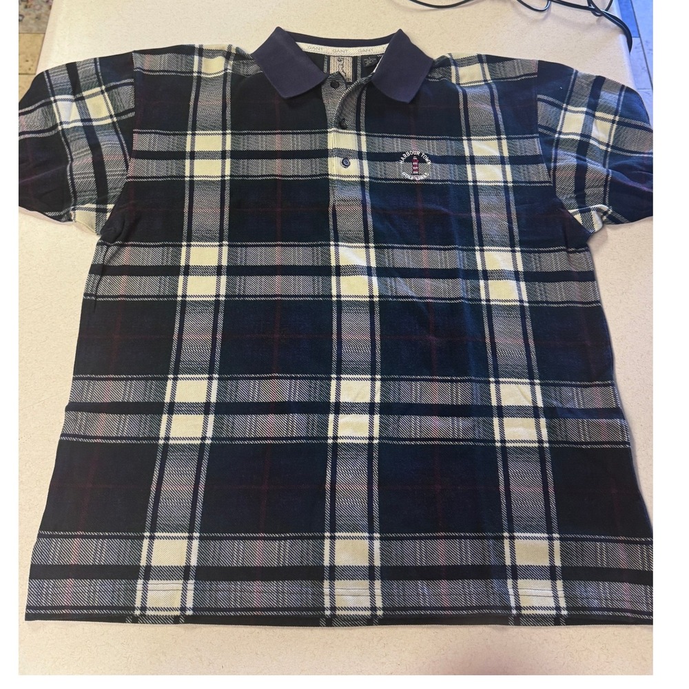 Gant Mens Large Polo Shirt Plaid Harbour Town Golf Links Navy‎ Blue Cotton L